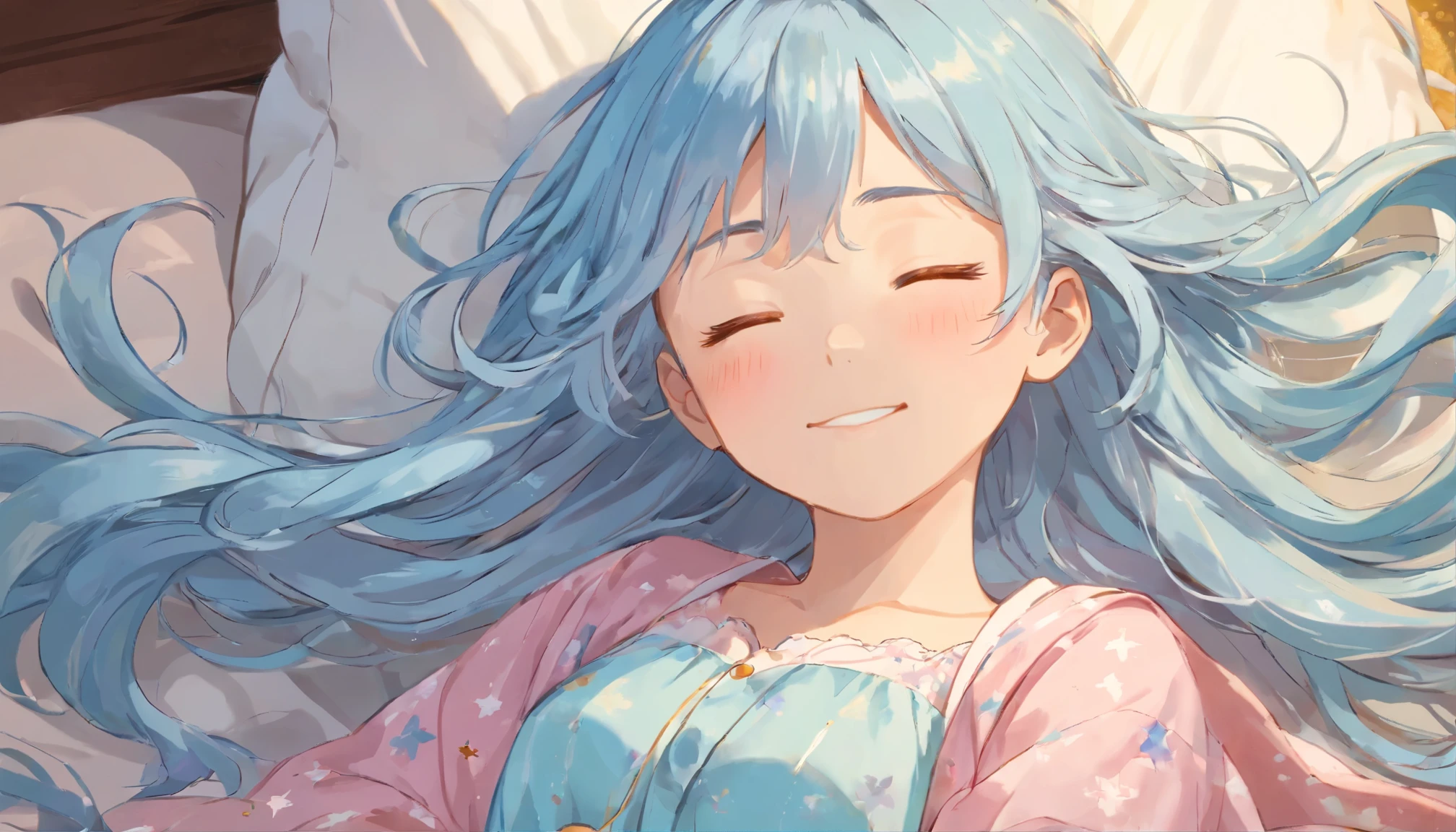 Create an image of a 5 girl sleeping peacefully. She is resting on her side, her expression relaxed and serene. Closed eyes. The girl has long, flowing light blue hair, and is wearing a soft blue nightgown with a subtle floral pattern. The pillows have a golden-yellow hue with a gentle sprinkle pattern, suggesting coziness. The background is a night sky filled with stars, adding a dreamy and tranquil ambiance to the scene. The color palette should consist of warm tones for the bedding and cool tones for the nightgown and background, with a gentle contrast that evokes a calming and restful sleep environment
Illustration of a woman's face、High-quality, detailed splash art、Splashes are flying、Gentle smile、Hair is light blue、The hair in the area exposed to the light is pink、Hair in the wind、Contre-Jour、Woman and background in pastel colors with vivid pale tones、Luminous pendant、(masterpiece, ultra-detailliert, top-quality, hight resolution, extremely delicate and beautiful:1.3), dynamic ungle, (详细的脸),, RAW Photography, HDR, (hyper realisitic, realisitic, extremely delicate and beautiful:1.3), (lifelike face, Realistic hair:1.2), Digital SLR,