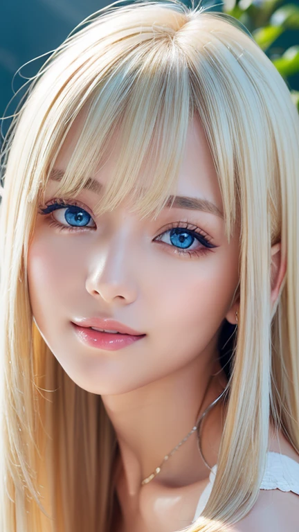 A beautiful blonde girl, Glossy firm and shiny skin, bangs between the eyes, Beautiful shiny straight platinum blonde, Super Long Straight Silky Hair, eyeliner, sexyで美しい無邪気な16歳, High-definition shining beautiful bright light blue very large eyes, very big eyes、very beautiful and nice girl, ((huge ))、((erotic、sexy、ultra high resolution、the lighting is bright、Precise hands without any discomfort))、hair over eyes、hair over one eye、hair between eyes、Extremely pure white, bright and glossy skin、cheek highlights、A little smile、shy and bright look、small face beauty、round face
