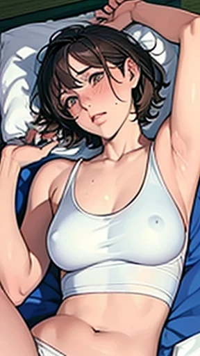 Middle and high school girl, changing clothes, hands up, white tank top shoulders visible, lower breasts protruding from tank top, Japanese-style room, inn, on futon, track and field, beautiful girl, short hair, clear white skin, brown hair, small breasts, beautiful legs, red cheeks, exposed belly button, expression of defiance, lying on back Lying down, eyes open Composition seen from directly above Realistic Sweating a lot Composition where the whole body is visible Hair is wild and disheveled Composition where you can see down to the tips of the toes Armpit hair is growing Underwear is about to come off ing