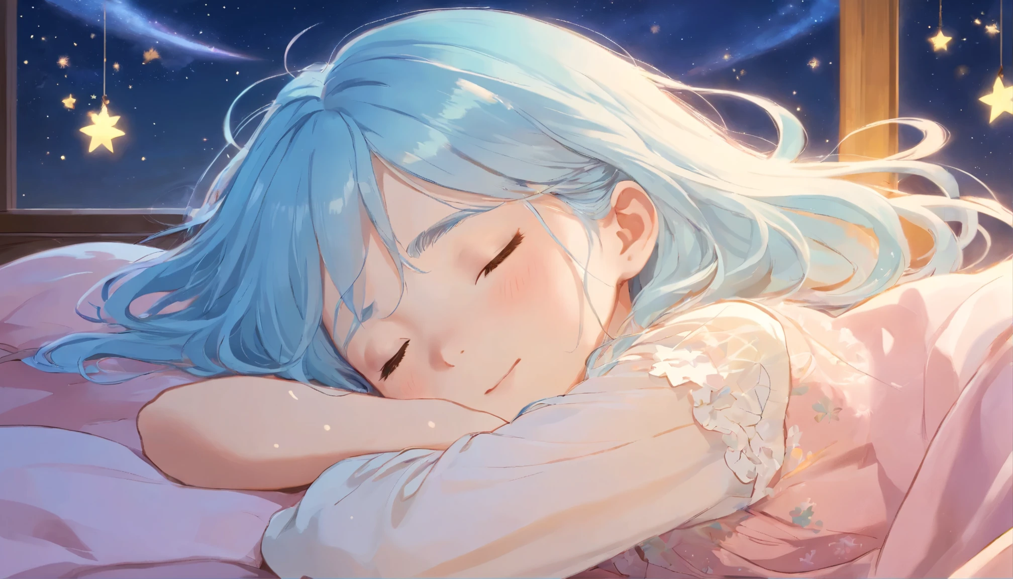 Create an image of a 5 years old girl sleeping peacefully. She is resting on her side, her expression relaxed and serene. Closed eyes. The girl has long, flowing light blue hair, and is wearing a soft blue nightgown with a subtle floral pattern. The pillows have a golden-yellow hue with a gentle sprinkle pattern, suggesting coziness. The background is a night sky filled with stars, adding a dreamy and tranquil ambiance to the scene. The color palette should consist of warm tones for the bedding and cool tones for the nightgown and background, with a gentle contrast that evokes a calming and restful sleep environment
Illustration of a woman's face、High-quality, detailed splash art、Splashes are flying、Gentle smile、Hair is light blue、The hair in the area exposed to the light is pink、Hair in the wind、Contre-Jour、Woman and background in pastel colors with vivid pale tones、Luminous pendant、(masterpiece, ultra-detailliert, top-quality, hight resolution, extremely delicate and beautiful:1.3), dynamic ungle, (详细的脸),, RAW Photography, HDR, (hyper realisitic, realisitic, extremely delicate and beautiful:1.3), (lifelike face, Realistic hair:1.2), Digital SLR,