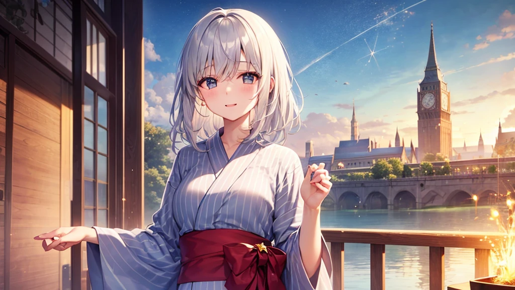 super high quality, with a girl, 20-year-old, very short hair, long bangs between the eyes, gray eyes , blue sky, sunlight, very detailed,(masterpiece、highest quality)、alone、gray hair、laughter、fantasy, silver hair, black eye, beautiful eyes,, ecstasy, charm, be smitten with audience, fantasyな風景、Princess、yukata、firework、night、sacrifice to
