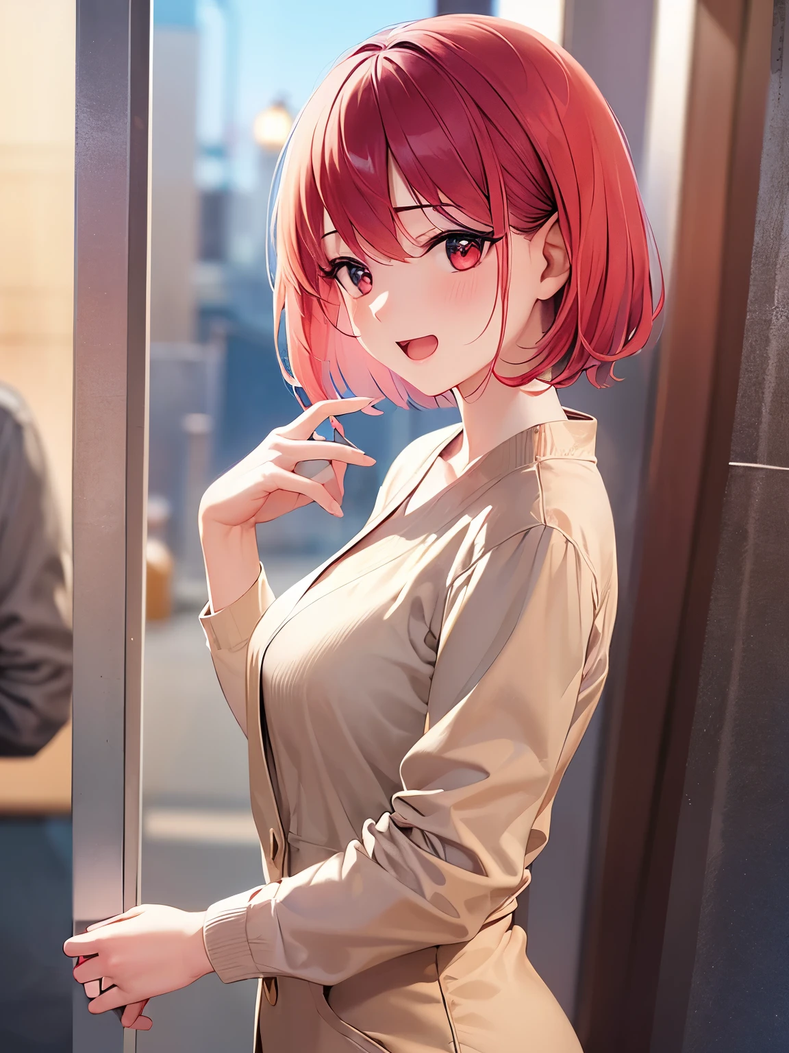 (looking away:1.4), side angle, Realistic, real person, RAW photo, photorealistic, portrait photography, shiny skin, japanese idol, 25 year old woman、(bob cut hair) and (red hair:1.3) and (red eyes:1.3), (wearing a beige suit:1.3)、wearing a white shirt、Wearing a beige tight skirt、emphasizes the chest、laughing、open mouth, blush, The background is a park、stall
