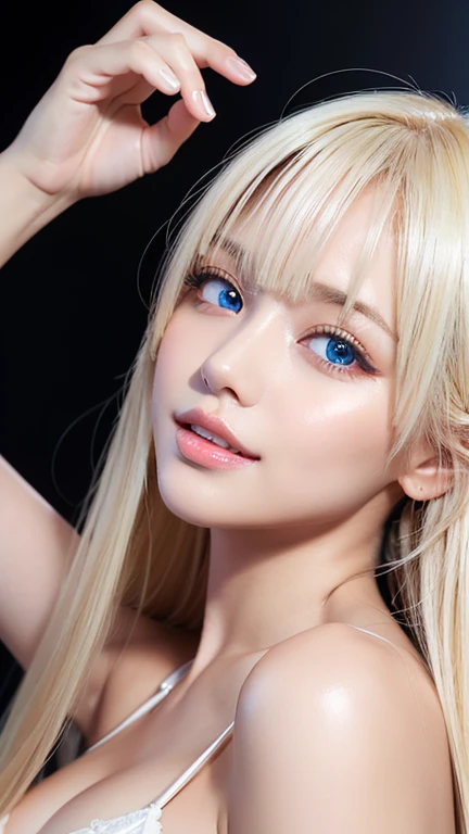 A beautiful blonde girl, Glossy firm and shiny skin, bangs between the eyes, Beautiful shiny straight platinum blonde, Super Long Straight Silky Hair, eyeliner, sexyで美しい無邪気な16歳, High-definition shining beautiful bright light blue very large eyes, very big eyes、very beautiful and nice girl, ((huge ))、((erotic、sexy、ultra high resolution、the lighting is bright、Precise hands without any discomfort))、hair over eyes、hair over one eye、hair between eyes、Extremely pure white, bright and glossy skin、cheek highlights、A little smile、shy and bright look、small face beauty、round face、big eyes staring