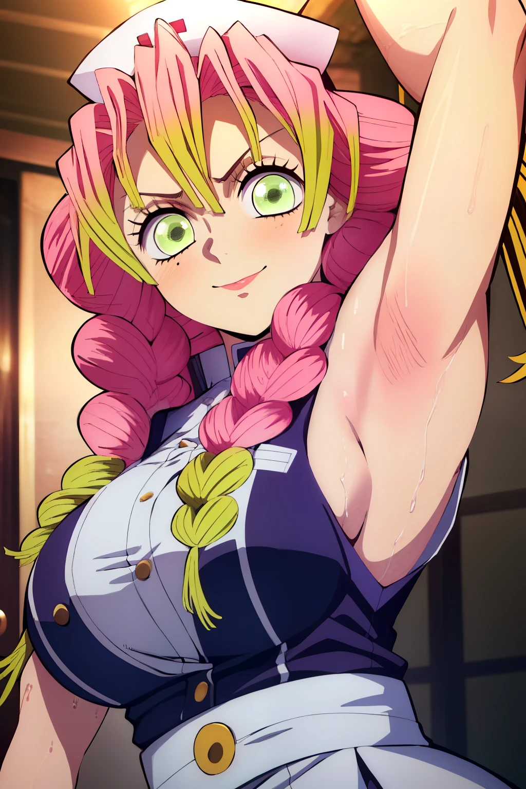 (obra maestra, mejor calidad), 2D, anime, 1chica, MitsuriKanroji, disgusted face, deslumbrante, sonrisa, breast, armpits, nurse, close up, showing her armpit, command to lick, dynamic, dominating, 'lick my armpits!'