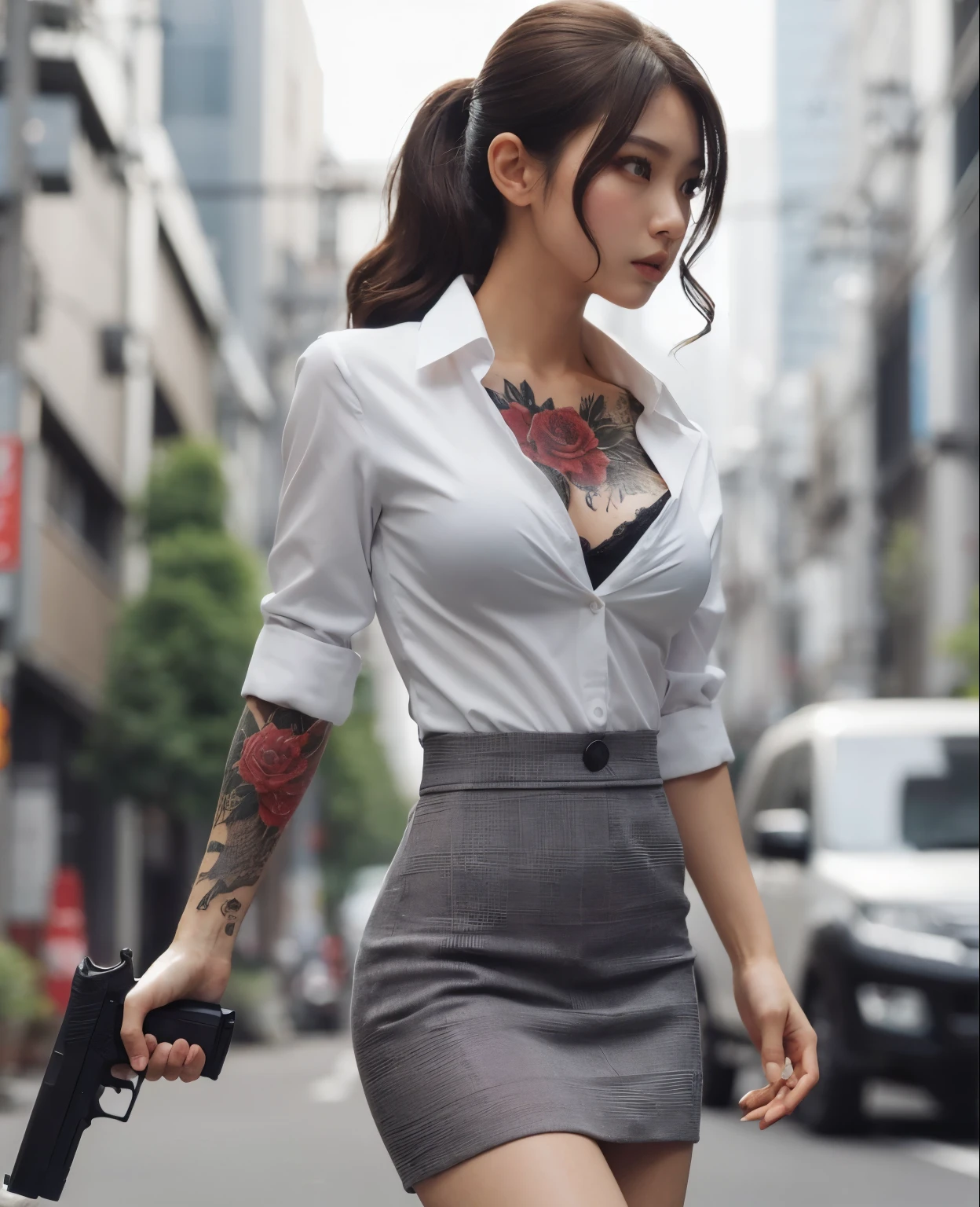 Photoreal、realistic skin texture、beautiful japanese woman、tattoo