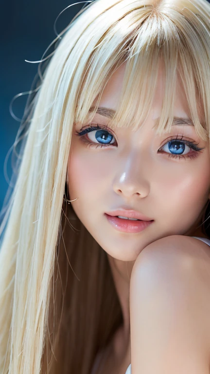 A beautiful blonde girl, Glossy firm and shiny skin, bangs between the eyes, Beautiful shiny straight platinum blonde, Super Long Straight Silky Hair, eyeliner, sexyで美しい無邪気な16歳, High-definition shining beautiful bright light blue very large eyes, very big eyes、very beautiful and nice girl, ((huge ))、((erotic、sexy、ultra high resolution、the lighting is bright、Precise hands without any discomfort))、hair over eyes、hair over one eye、hair between eyes、Extremely pure white, bright and glossy skin、cheek highlights、A little smile、shy and bright look、small face beauty、round face、big eyes staring