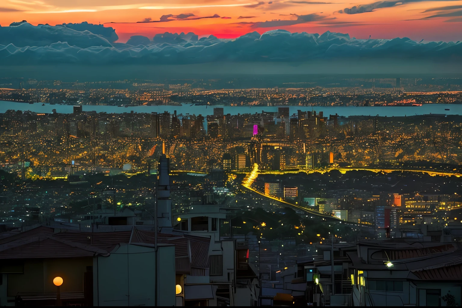 The setting sun below the cityscape illuminates the houses and skyscrapers，The street is lined with lampposts and utility poles，far away, mountain approaching in the clouds々Silhouette of，no one is busy，Just a quiet city view，Dotted with greenery and outdoor scenery。