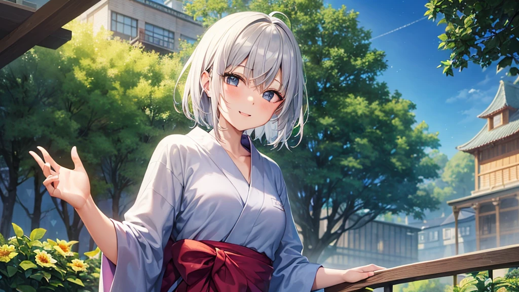 super high quality, with a girl, 20-year-old, very short hair, long bangs between the eyes, gray eyes , blue sky, sunlight, very detailed,(masterpiece、highest quality)、alone、gray hair、laughter、fantasy, silver hair, black eye, beautiful eyes,, ???????, charm, be smitten with audience, fantasyな風景、yukata、skyrocket、night、sacrifice to