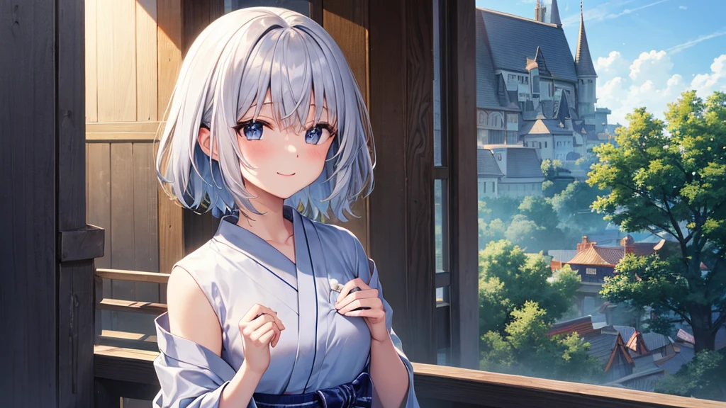 super high quality, with a girl, 20-year-old, very short hair, long bangs between the eyes, gray eyes , blue sky, sunlight, very detailed,(masterpiece、highest quality)、alone、gray hair、laughter、fantasy, silver hair, black eye, beautiful eyes,, ecstasy, charm, be smitten with audience, fantasyな風景、yukata、skyrocket、night、sacrifice to