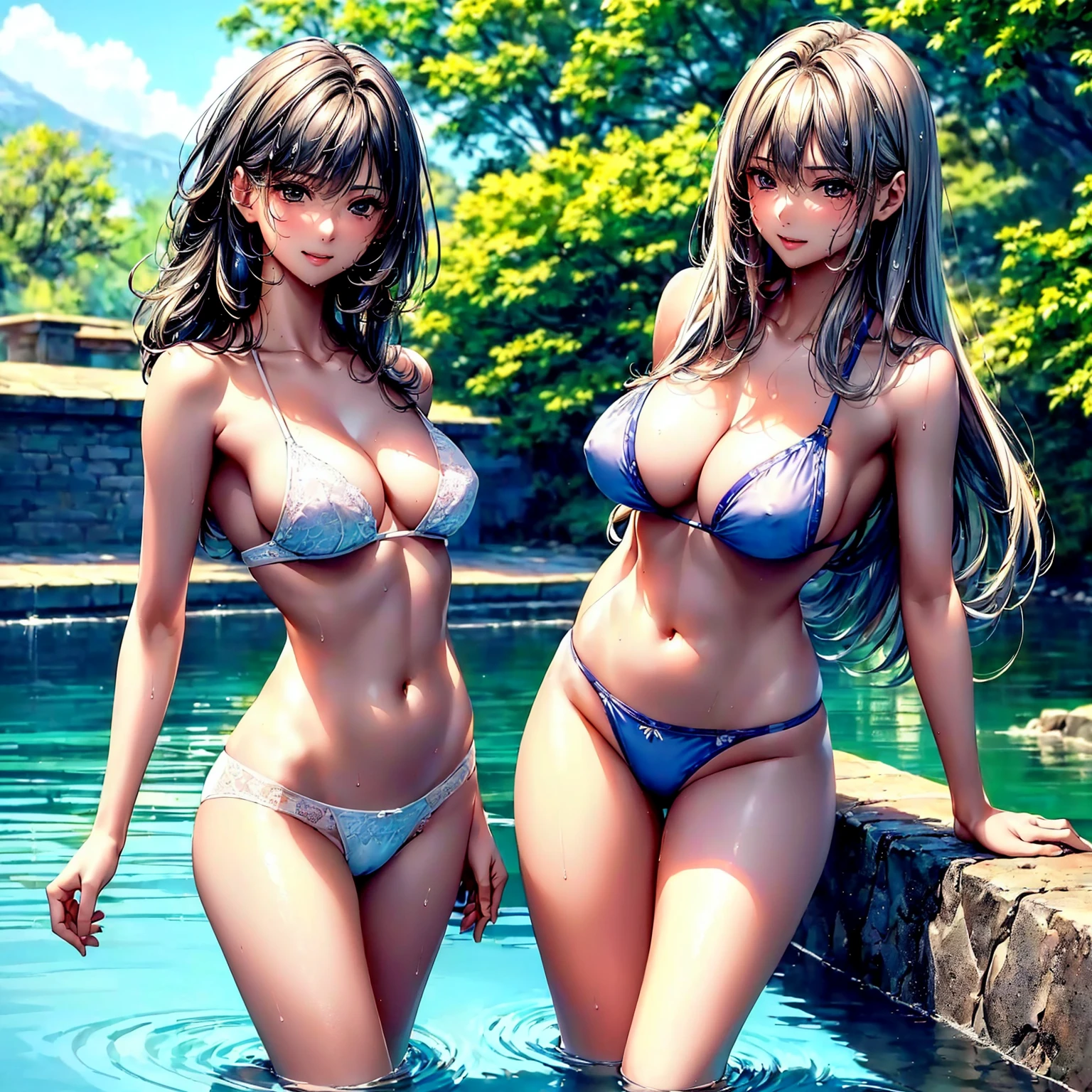 (((highest quality、masterpiece、very high resolution、highly detailed images、detailed details)))、(A woman of perfect and ultimate beauty:18-year-old, beautiful body、beautiful face、beautiful hair,bright smile)、(Slender and beautiful body, best skin and hair texture,),((Underwear-style bikini:put on a wet white shirt,I can see my thighs)),(Outdoor pool,natural light,beautiful scenery,beautiful scenery),(water play,beautiful pose,model shoot,Hair flutters under the influence of the wind),Overall image、accurate image、accurate anatomy、Image without defects,(best shot,RAW photo:1.2)