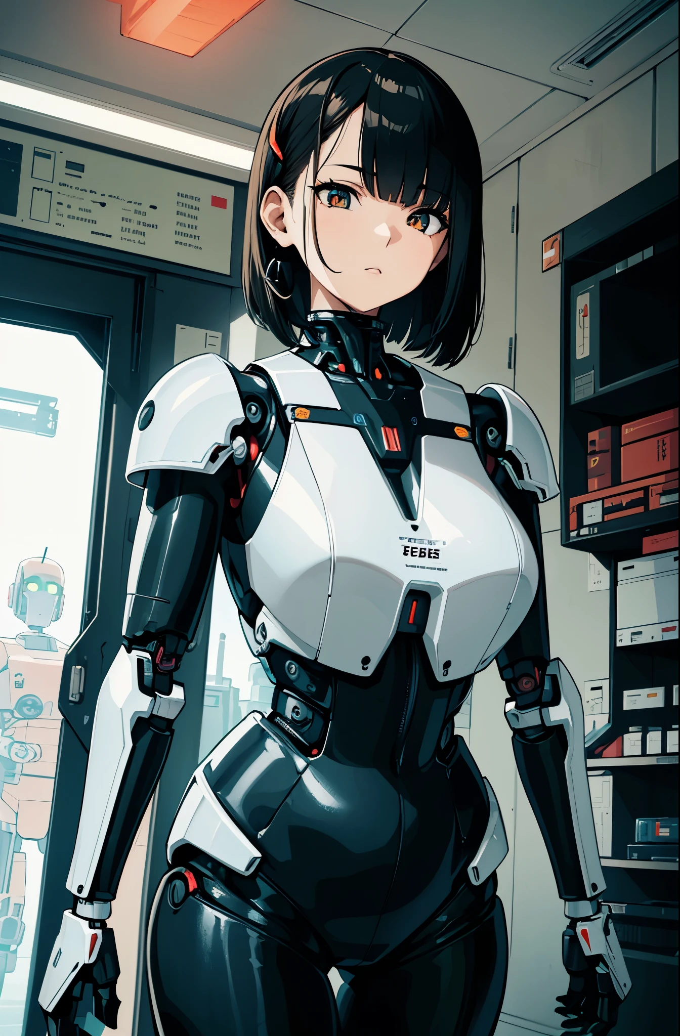 masterpiece, best quality, extremely detailed, Japaese Cyborg girl,Plump , control panels,android,Droid,Mechanical Hand, Robot arms and legs, Black Robot Parts,Black hair,Mechanical body,Blunt bangs,White robotics parts,perfect robot girl,long tube,thick cable connected her neck,ceramic body ,mechanical body, mechanical ear cover, mechanical costume,android,robot,humanoid,cyborg,japanese android woman ,mechanical chest,full eyes,future laboratory,connecting a cable between the legs,