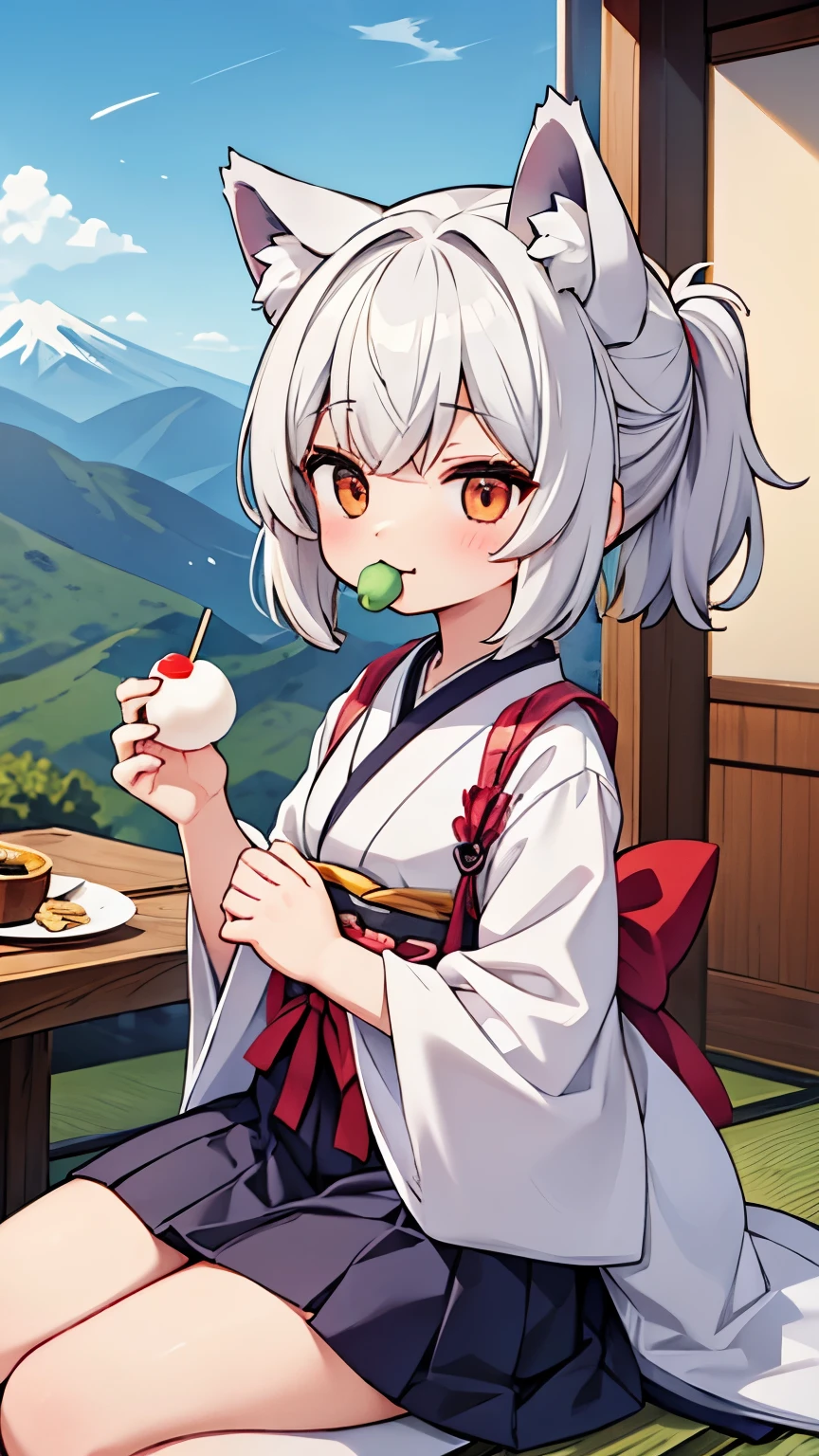 A wolf disguised as a Japanese girl is eating delicious dango at a teahouse on a mountain pass.。