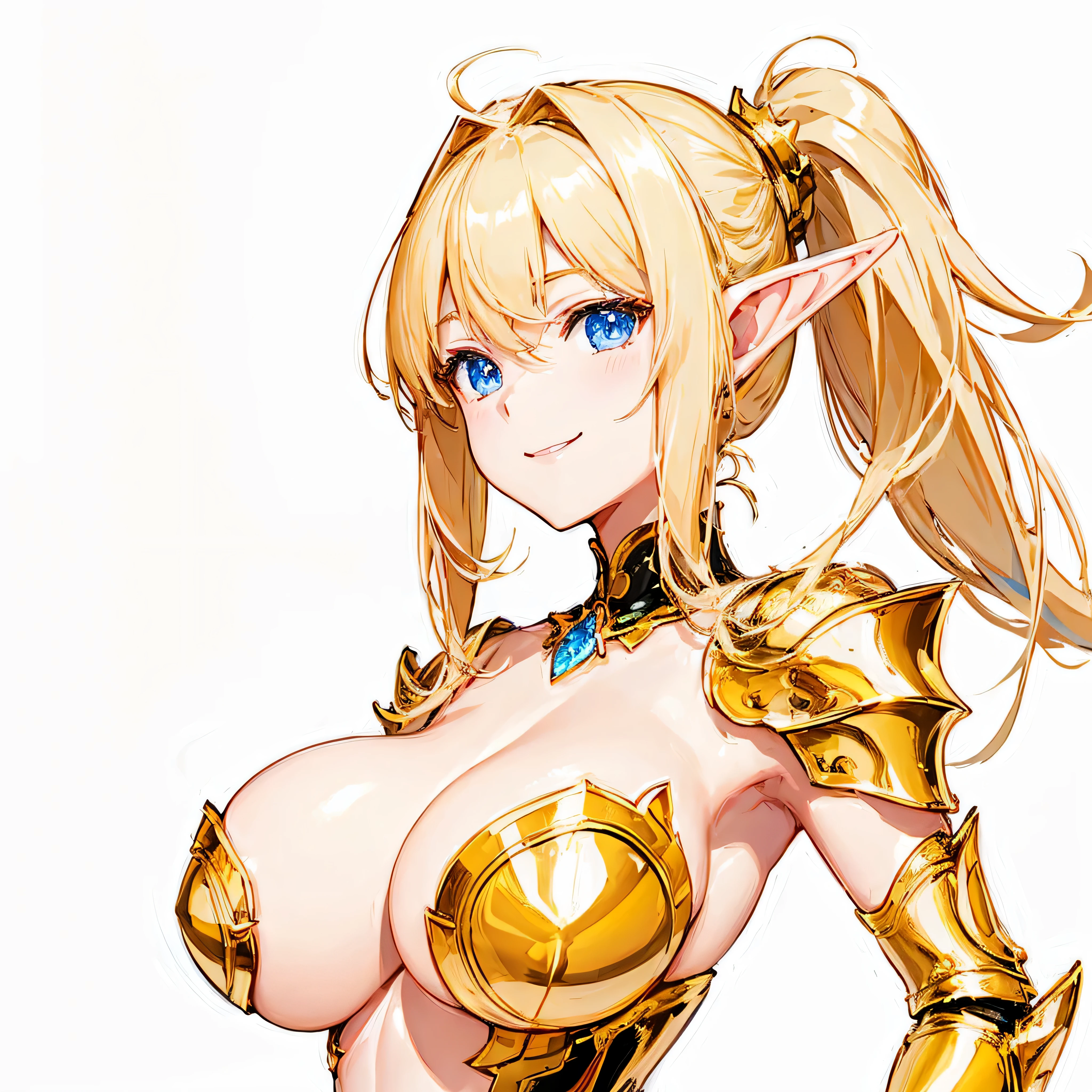 masterpiece、highest quality、very detailed、High resolution、１６ｋ、Thin contours、I can see the nipples、chest proportions、elfの女の子、golden armor shines、Sheer white skirt、black pants、very white skin、beautiful fingers、Anime girl very big breasts naked pose、perfect style、elf、No bra、blonde blue eyes、cool smile