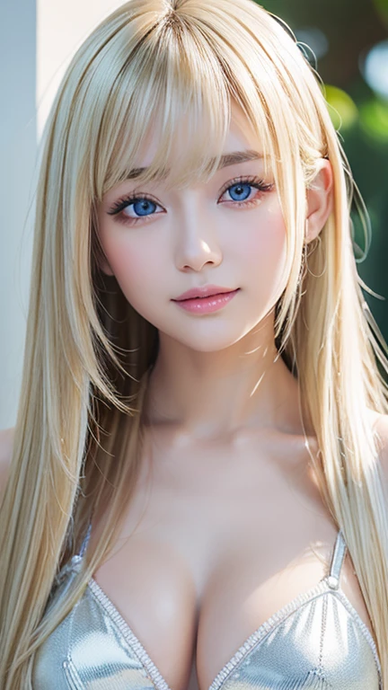 A beautiful blonde girl, Glossy firm and shiny skin, bangs between the eyes, Beautiful shiny straight platinum blonde, Super Long Straight Silky Hair, eyeliner, sexyで美しい無邪気な16歳, High-definition shining beautiful bright light blue very large eyes, very big eyes、very beautiful and nice girl, ((huge ))、((erotic、sexy、ultra high resolution、the lighting is bright、Precise hands without any discomfort))、hair over eyes、hair over one eye、hair between eyes、Extremely pure white, bright and glossy skin、cheek highlights、A little smile、shy and bright look、small face beauty、round face、big eyes staring、face over hair