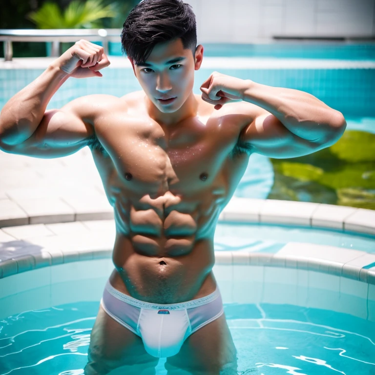 Handsome young Asian guy with short black hair and charming look. Perfect body shape and nice abs muscles. Wear sexy white underwear, wet body in swimming pool. Looklife and 8k photography. NSFW