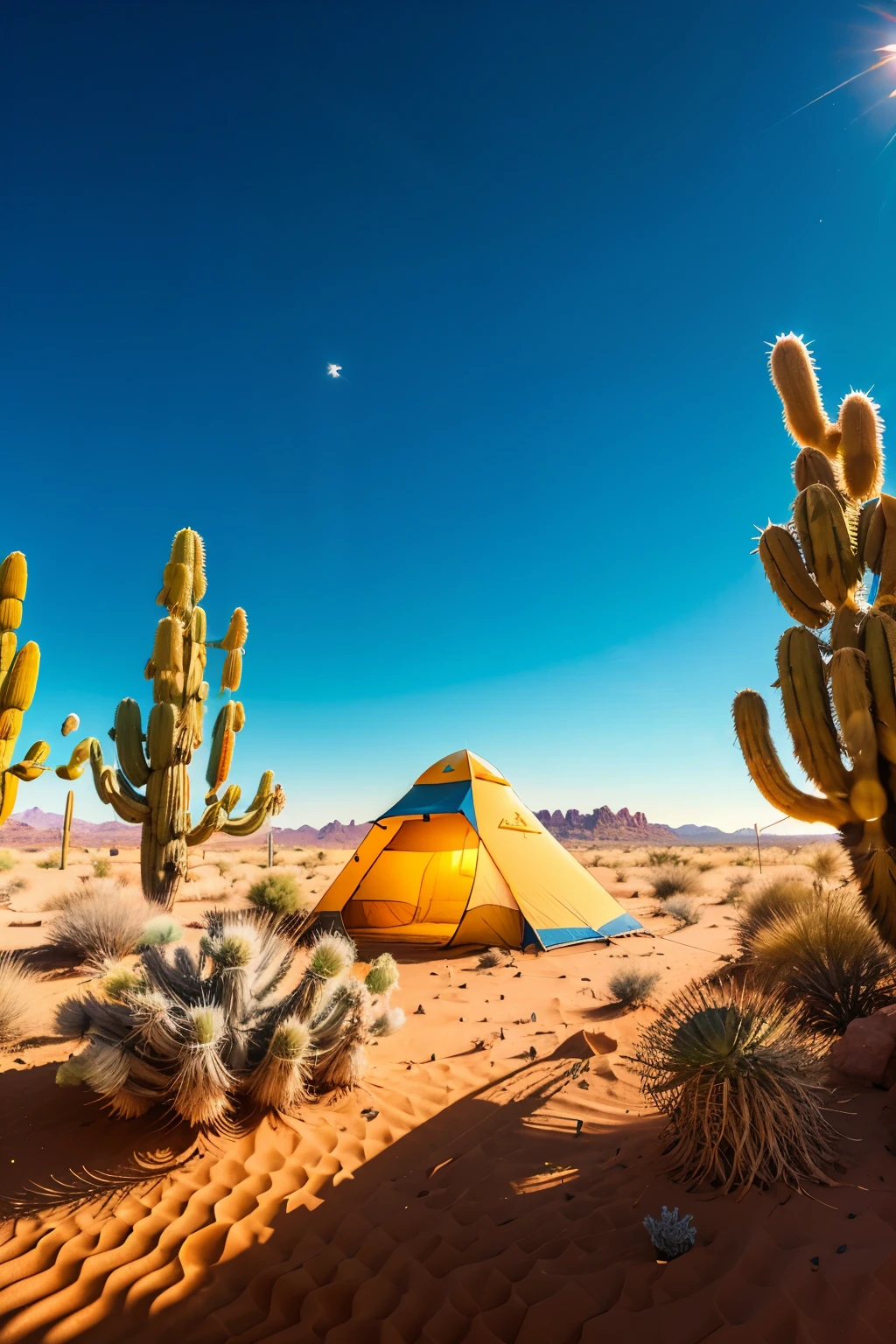 In the heart of the arid desert, a lone tent stands as a beacon of shelter amongst the cactus trees, their spiny branches adorned with vibrant green pads and prickly yellow blooms. Palm trees, their fronds casting dappled shadows, sway gently in the warm desert breeze. Around the camp, crows, their feathers glistening in the sun, call out in husky tones. The sun is at the pinnacle of its power, casting radiant blue shadows as it bathes the desert in its golden light. The sand beneath the tent, a deep and vibrant red, sparkles as if alive, reflecting the intense sunlight. The landscape is a