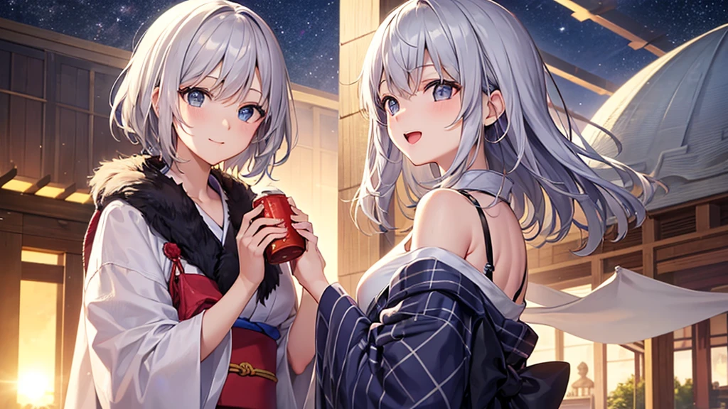 super high quality, with a girl, 20-year-old, very short hair, long bangs between the eyes, gray eyes , blue sky, sunlight, very detailed,(masterpiece、highest quality)、alone、gray hair、laughter、fantasy, silver hair, black eye, beautiful eyes,, ecstasy, charm, be smitten with audience, fantasyな風景、yukata、skyrocket、night、sacrifice to