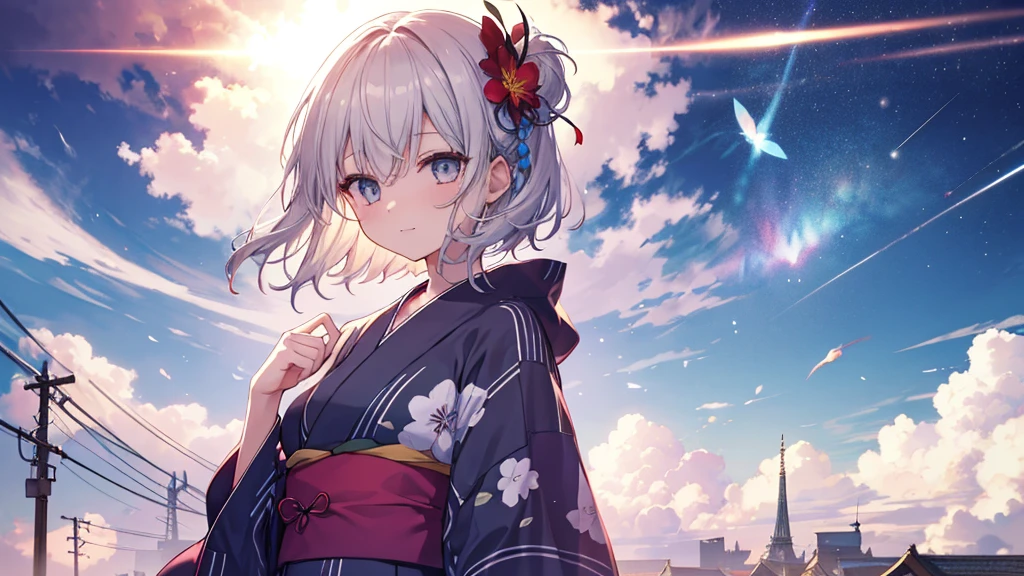 super high quality, with a girl, 20-year-old, very short hair, long bangs between the eyes, gray eyes , blue sky, sunlight, very detailed,(masterpiece、highest quality)、alone、gray hair、laughter、fantasy, silver hair, black eye, beautiful eyes,, ecstasy, charm, be smitten with audience, fantasyな風景、yukata、skyrocket、night、sacrifice to
