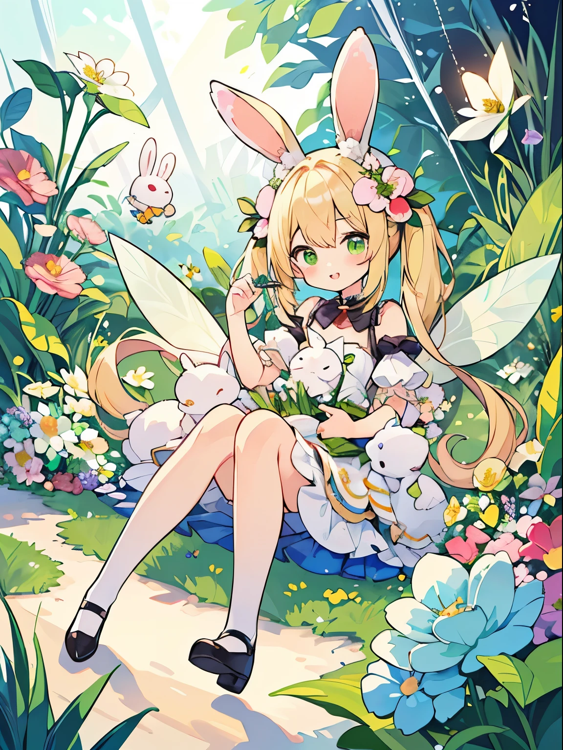 (best quality,high resolution:1.2), (cute:1.1), (cute), (unbelievably surreal:1.3), incredibly fine illustration, destroy
1 girl, alone, twintail, blonde hair, green eyes, rabbit, deformed
(flowers:1.5), fantasy land, fairy lights, rabbit