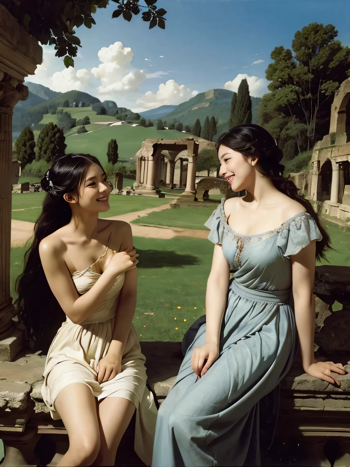 Ancient Roman ruins、Poussin-style landscape、smile、Sweet and seductive appearance、caravaggio's paintings、caravaggio'chiaroscuro、hair blowing in the wind、Two women having fun、キュートなsmile、expression of ecstasy、sexy、erotic