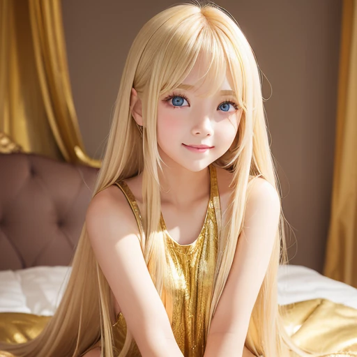 Beautiful super long straight silky hair shining dazzling golden color、bright look、blonde girl posing、long golden bangs between the eyes of the eyes,,,、fair skin with glossy skin、pink cheeks、shiny cheeks、Real Girl、（10 year old girl）、Beautiful girl in shining golden platinum blonde、Beautiful big bright blue eyes、happy smile