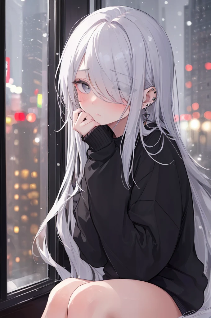 ((masterpiece:1.4, best quality:1.2)), 1girl, solo focus, beautiful skin, blush, black sweatshirt, long white hair, grey eyes, sitting, earrings, Hands piercing, coffee shop window, night, snowing, cityscape, tall female, beautiful and delicate female, comfy ambience, {detailed background}, hair over one eye, shy, sexy, naked,