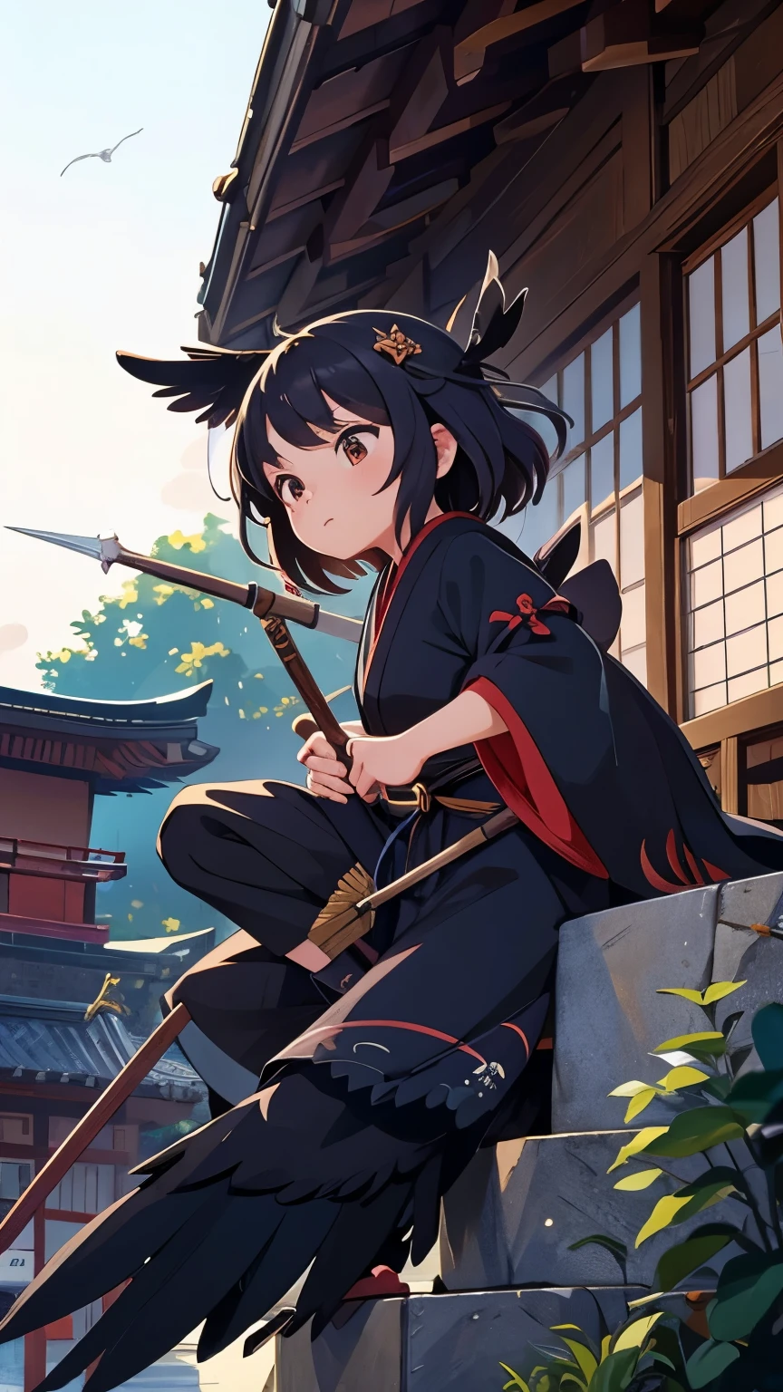 A crow disguised as a Japanese girl is practicing with a spear in the precincts of a shrine.。。
