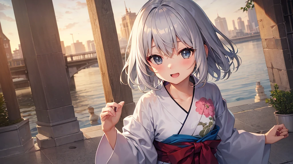 super high quality, with a girl, 20-year-old, very short hair, long bangs between the eyes, gray eyes , very detailed,(masterpiece、highest quality)、alone、gray hair、laughter、fantasy, silver hair, black eye, beautiful eyes,, ecstasy, charm, be smitten with audience, fantasyな風景、white yukata、skyrocket、night、