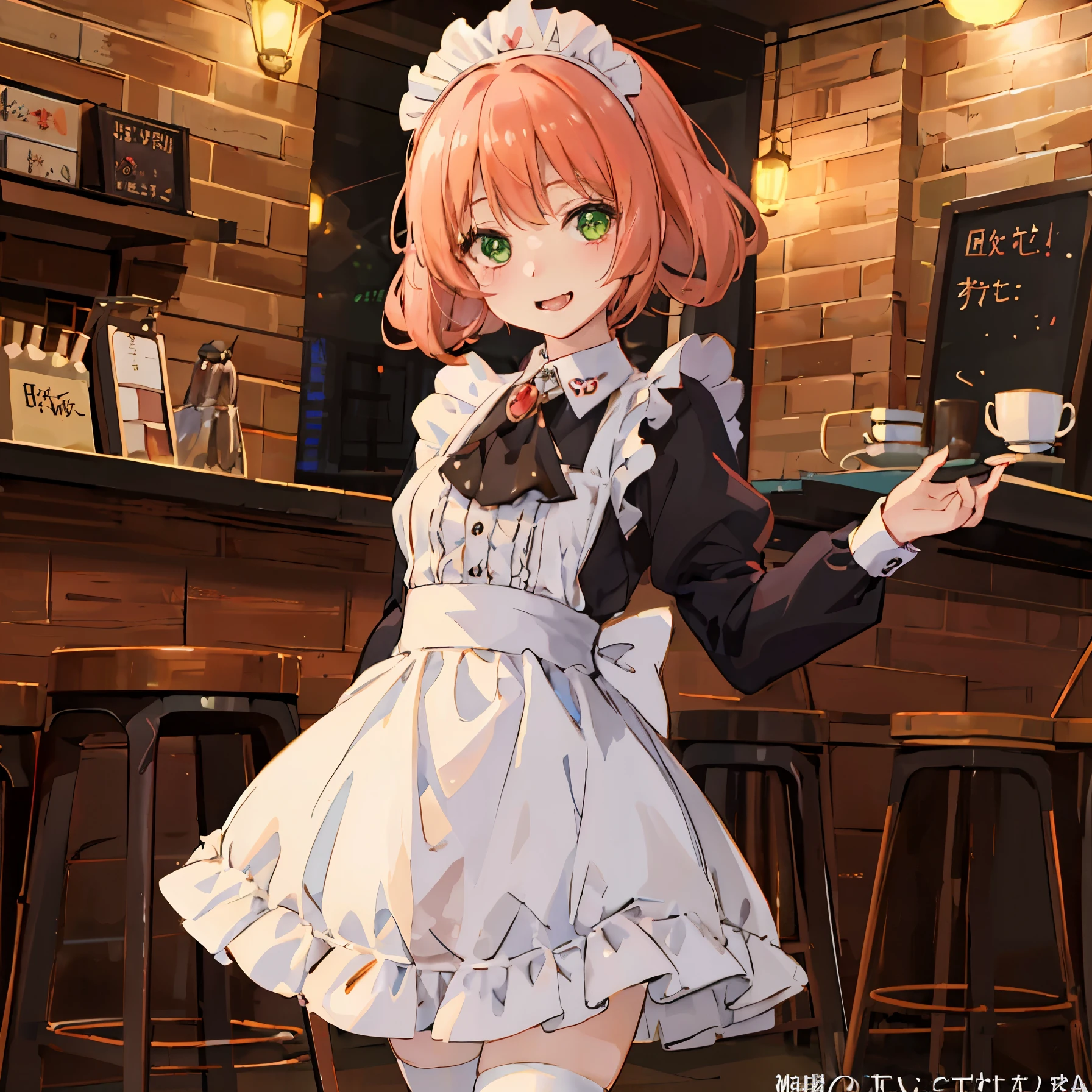 (highest quality, ),cute Kindergartener,small breasts, Maid cafe magazine cover,Jacket photo、Couple style,coffee shop background, maid girl with menu,wonderful, 18+, NSFW,girls winking at each other, 16 years old, wonderful, cute, smile, audience, article, shape, advertisement, magazine title, Lily \(Pokemon\), メイド喫茶のadvertisement, Are standing, cowboy shot, looking at the viewer, green eyes, smile, V arm,