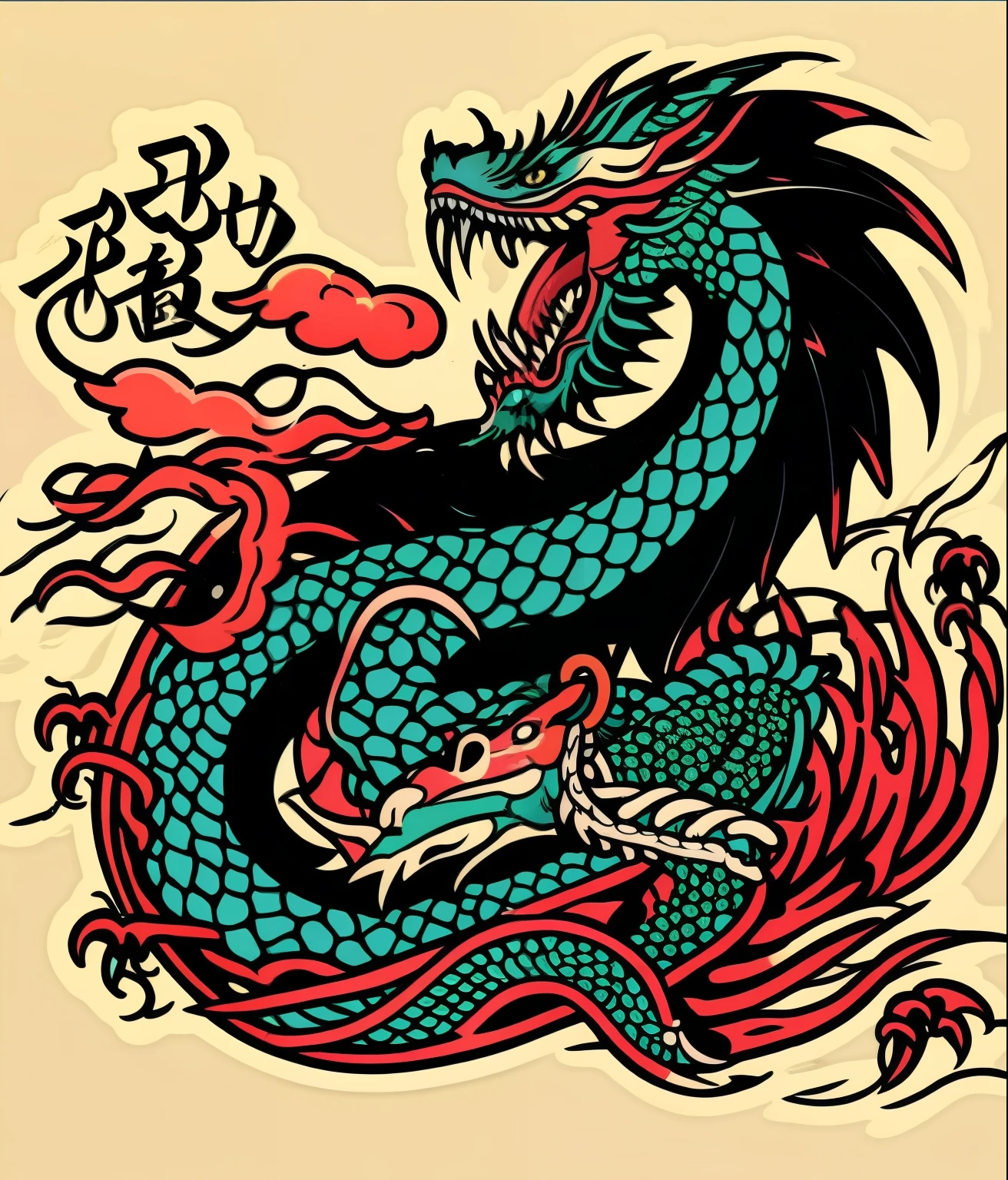 Japanese dragon、Thang Long、Colorful、vintage style、No background、tattoo designs