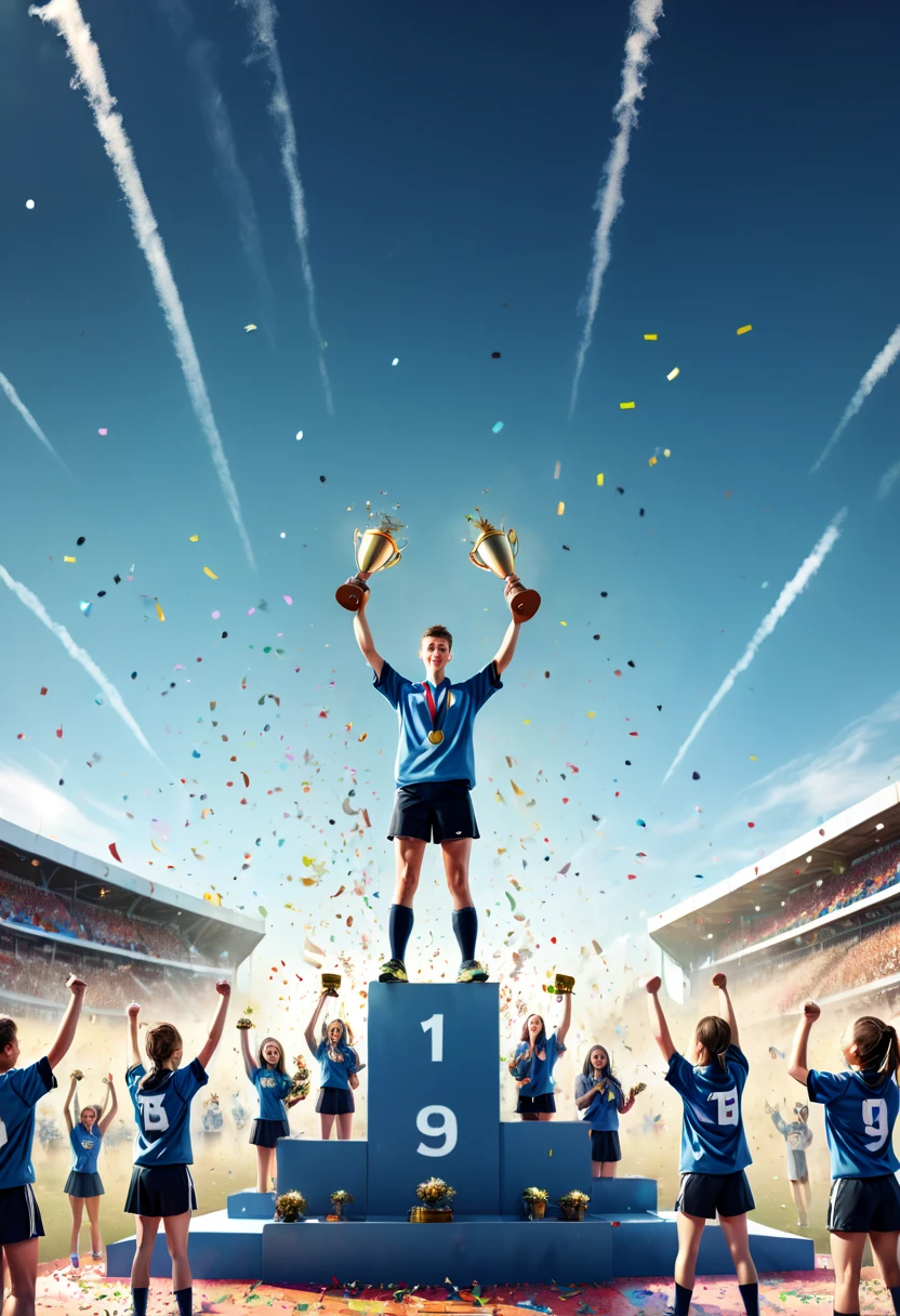 At the school sports meet, the winning athletes stood on the podium, proudly holding up their trophies. The sky is littered with confetti, cheering for victory, panoramic view, Ultra high saturation, (best quality, masterpiece, Representative work, official art, Professional, 8k)