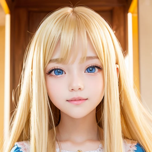 ((Super long silky bright pearl blonde hair))、Pretty bright marine blue eyes、10 year old adorable beautiful girl、cute face、long bangs between the eyes,、white and beautiful skin、glowing skin、gross face、cheek gloss、small face beauty、Big eyes、bright look、（（Very happy smile））、Embarrassed blush