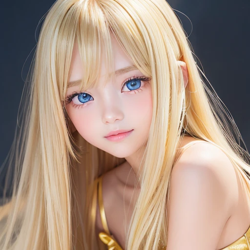 Beautiful super long straight silky hair shining dazzling golden color、bright look、blonde girl posing、long golden bangs between the eyes of the eyes,,,、fair skin with glossy skin、pink cheeks、shiny cheeks、Real Girl、（ girl）、Beautiful girl in shining golden platinum blonde、Beautiful big bright blue eyes、happy smile