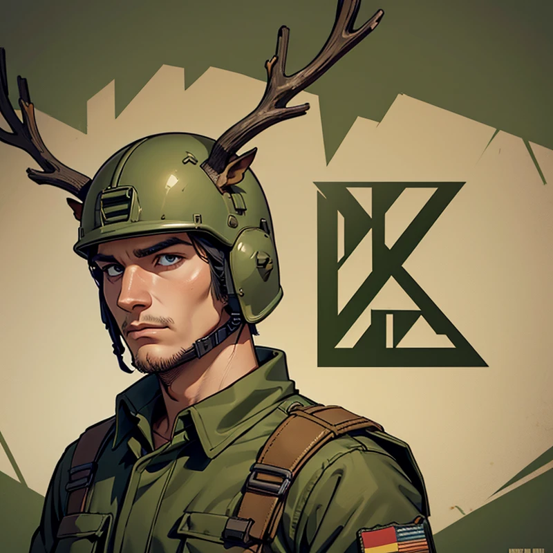 Logo. Half man and half deer. With man face, army vietnam war helmet. Deer antlers growing trought the helmet. Only head with no torso