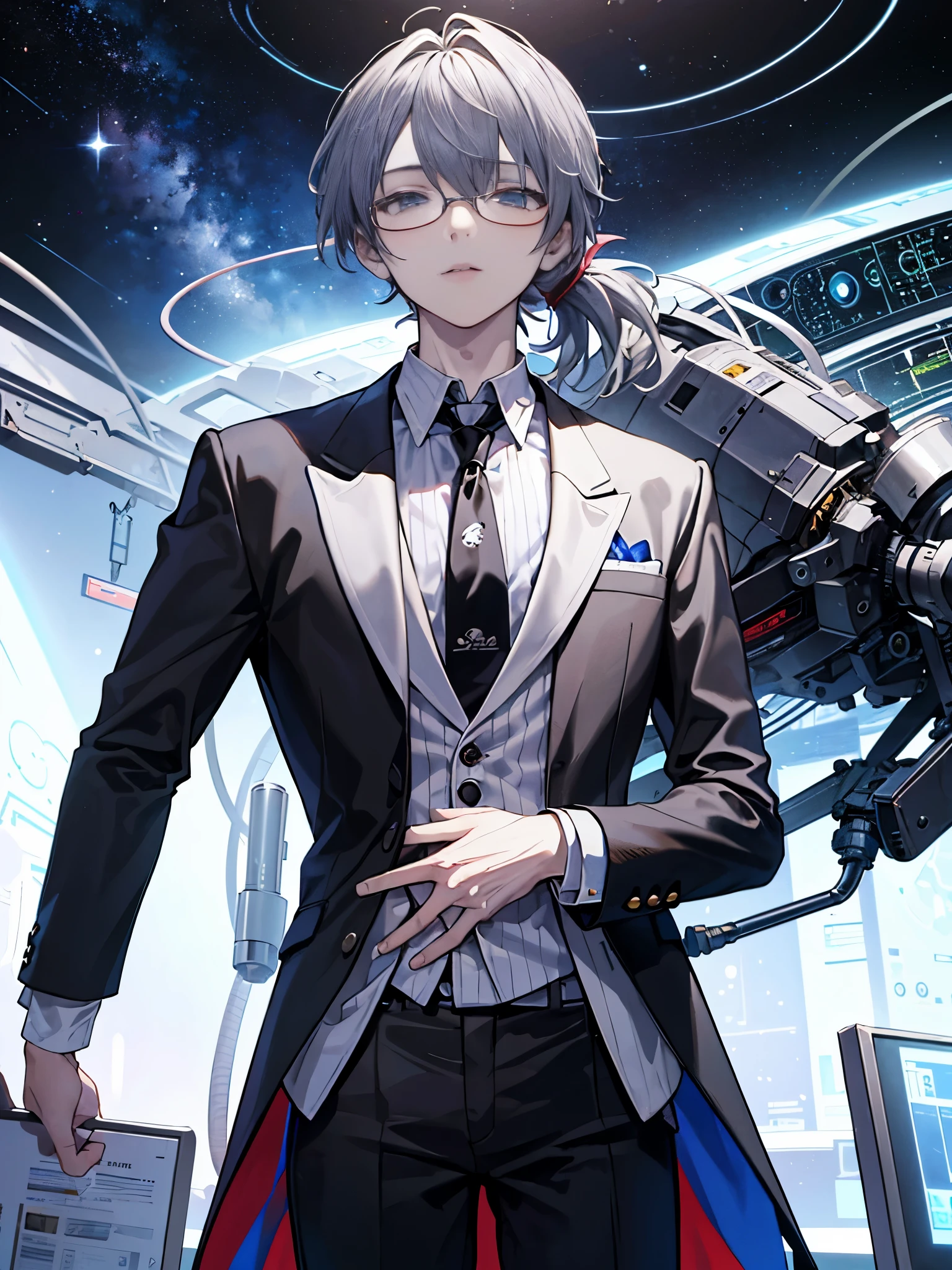 （muste piece）（High definition）20s male android、alone、gray hair、ponytail、hat、Tuxedo、tie、Wearing round glasses、one hand on the chest、background（An electronic world that feels like science fiction、A space that feels like inside a machine、Virtual space、near future）