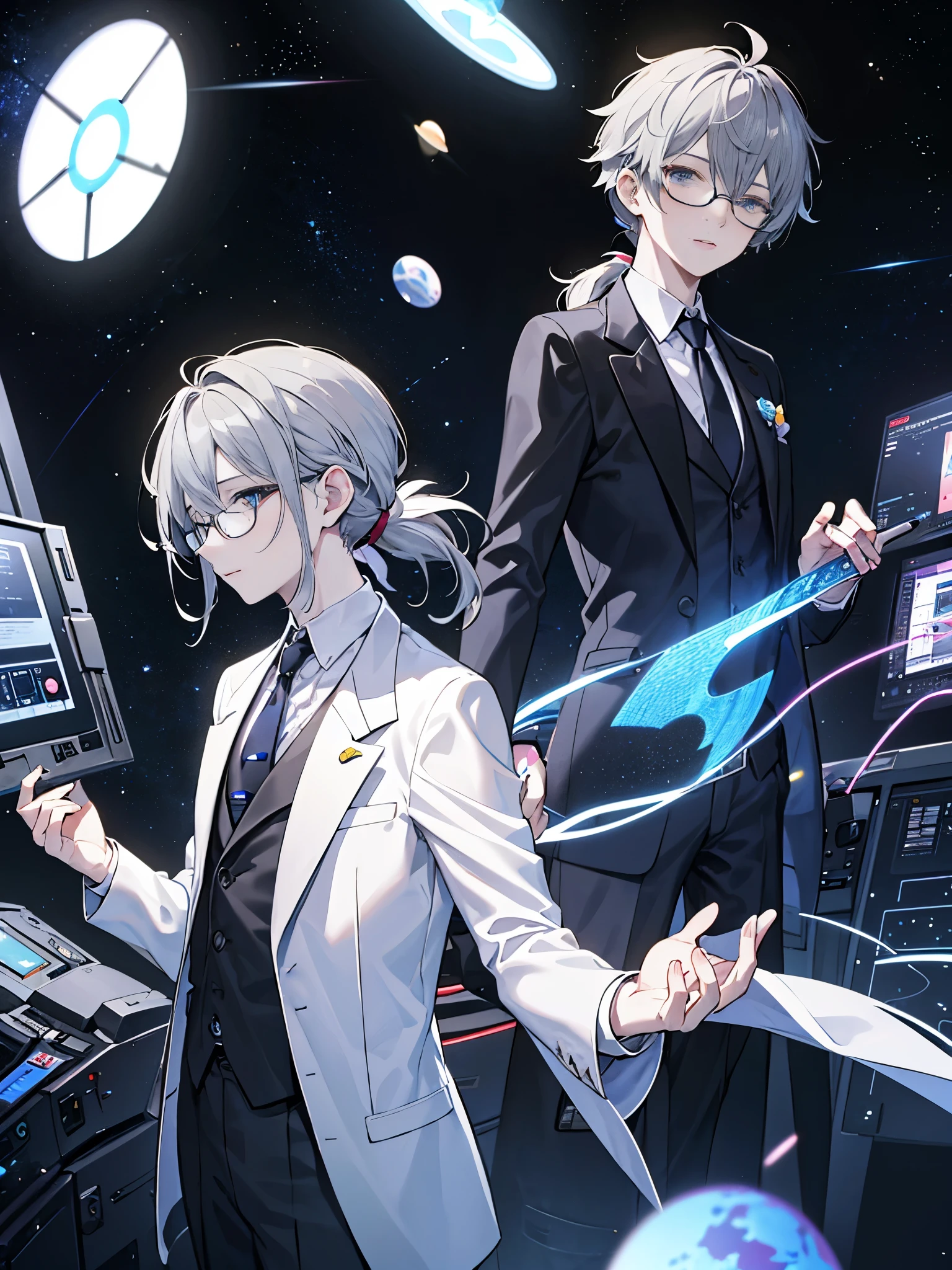 （muste piece）（High definition）20s male android、alone、gray hair、ponytail、hat、Tuxedo、tie、Wearing round glasses、one hand on the chest、background（An electronic world that feels like science fiction、A space that feels like inside a machine、Virtual space、near future）