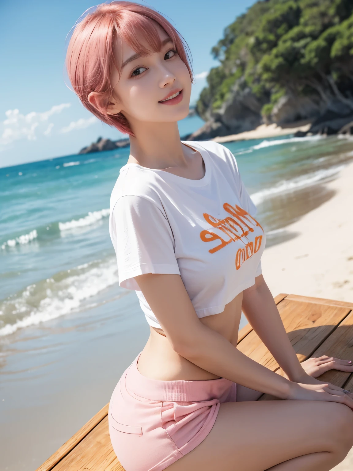 (original photo, high resolution, best quality, on the table), 1 girl in, (Delicate and beautiful eyes and delicate face, slender figure, thin waist, beautiful belly),, big breasts, (((t-shirt))), (shorts), charming, Pink shiny lips, ((Orange and pink swept shorthair cat)), perfect style, Extremely detailed CG Unity 8K wallpapers, surreal, super detailed,Remove clothes,Big breasts,nude,Very feminine,Reduce clothing,Less clothes,Very feminine,Exposed breasts,Smile,Exposed breasts,Exposed breasts,beach,Remove clothes,as few clothes as possible,Cocked buttocks,girl,sunshine on face,