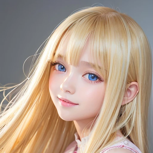Beautiful super long straight silky hair shining dazzling golden color、bright look、blonde girl posing、long golden bangs between the eyes of the eyes,,,、fair skin with glossy skin、pink cheeks、shiny cheeks、Real Girl、(10 year old girl)、Beautiful girl in shining golden platinum blonde、Beautiful big bright blue eyes、happy smile
