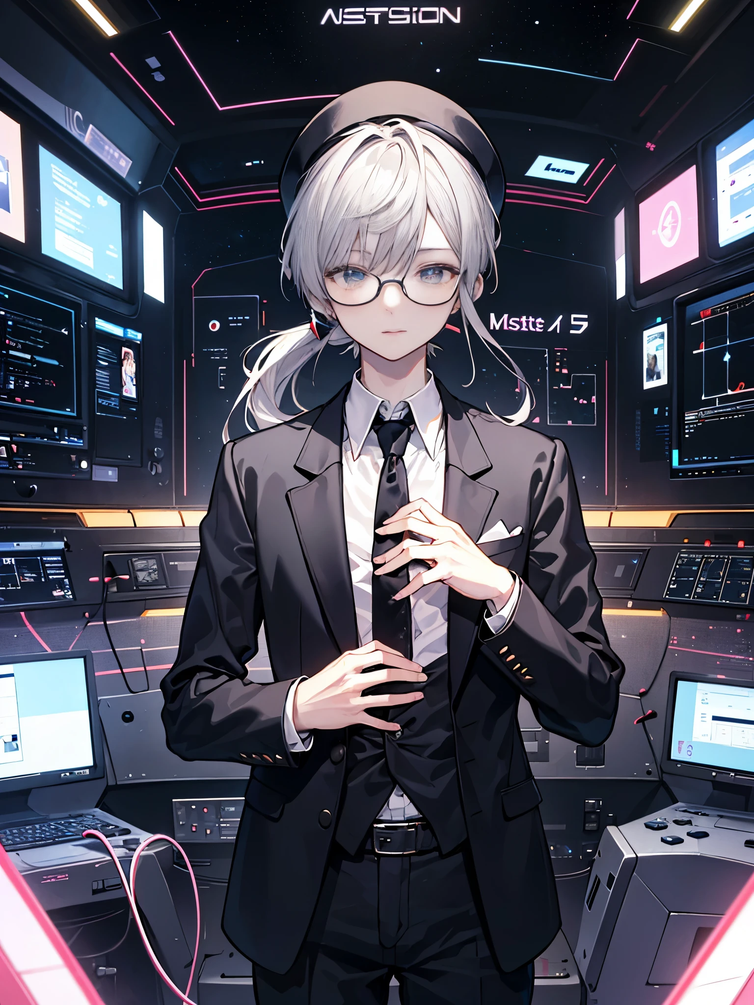 (muste piece)(High definition)20s male android、alone、gray hair、ponytail、hat、Tuxedo、tie、Wearing round glasses、one hand on the chest、background(An electronic world that feels like science fiction、A space that feels like inside a machine、Virtual space、near future)