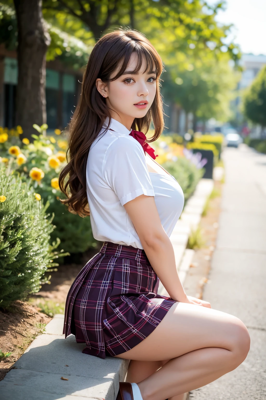 NSFW, 8K RAW photo, highest quality, masterpiece, ultra high resolution, film grain, movie, 1 girl, looking at the viewer, natural skin texture, Realistic eye and face details, full lips, lipstick, (compensate), red eyeshadow, fluffy long hair, messy hair, smile, close your mouth, beautiful foot, tall woman, skinny, slim_foot, alone, huge breasts, cleavage, pose with your butt facing yourself, super short skirt, teeth, shirt, beautiful natural location, Around the flower place, (detailed background), Plaid skirt, white shirt, huge breasts, cleavage, Show a little cleavage through the shirt, loafers, blurry background, blurry, holding, Plaid, short sleeve, JK ribbon on the neck, JK ribbon, brown hair, bracelet, water, bangs, school uniform, jewelry, parted lips, lips, From the side, pleated skirt, Depth of bounds written