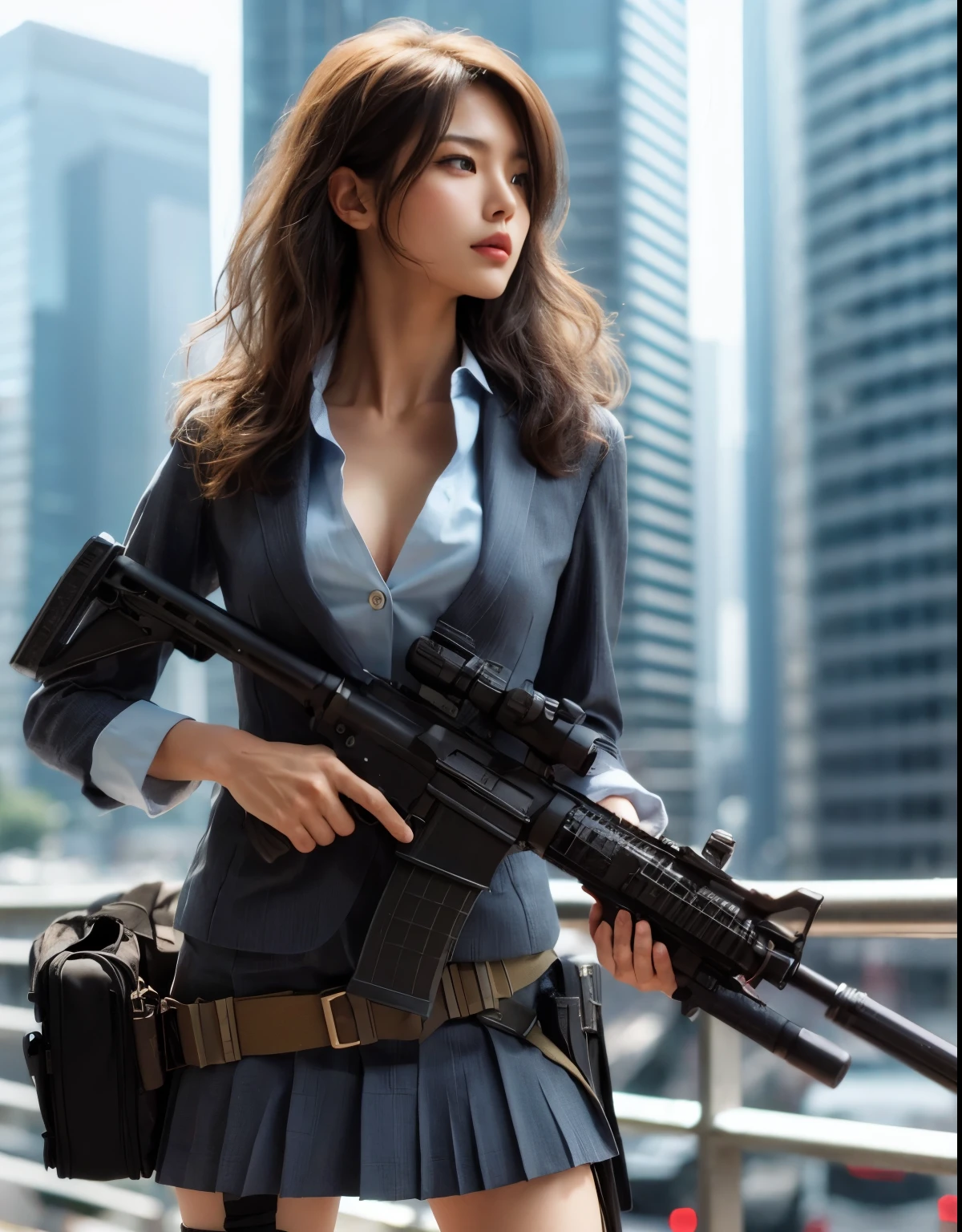 Photoreal、realistic skin texture、beautiful japanese woman、automatic rifle