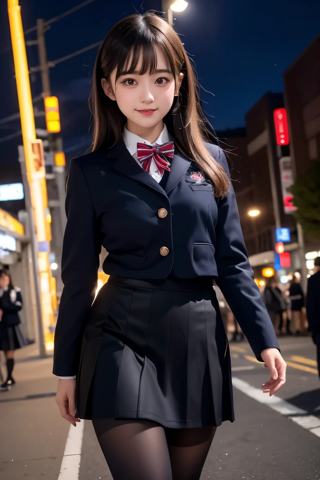 low angle shot、big breasts、Shoes are visible、super treet snap、tall, A baby-faced gal woman wearing a short skirt and bow tie is standing in a neon street at night、high school student、Thin calf、japanese girl、Winter clothes、Wearing Japanese school uniform、Japanese school black uniform、Wearing a surreal high school uniform、girl in uniform、Wearing a dark blue uniform、Full body Esbian、nice skin、glowing skin、nice thighs、(micro hining thighs、Plump thighs、She wears black tights that show her skin、leather shoes、Japanese high school 、Nogizaka Idol、inviting eyes