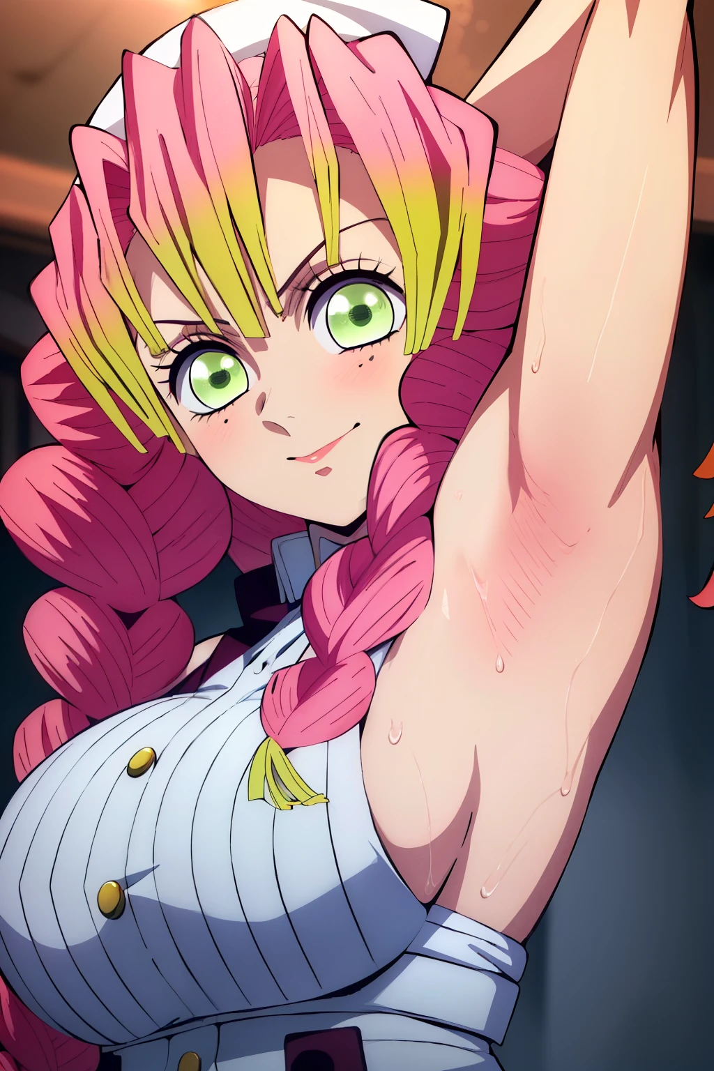 (obra maestra, mejor calidad), 2D, anime, 1chica, MitsuriKanroji, disgusted face, deslumbrante, sonrisa, breast, armpits, nurse, close up, showing her armpitarmpit, command to lick, dynamic, dominating, 'lick my armpits!', slightly muscular