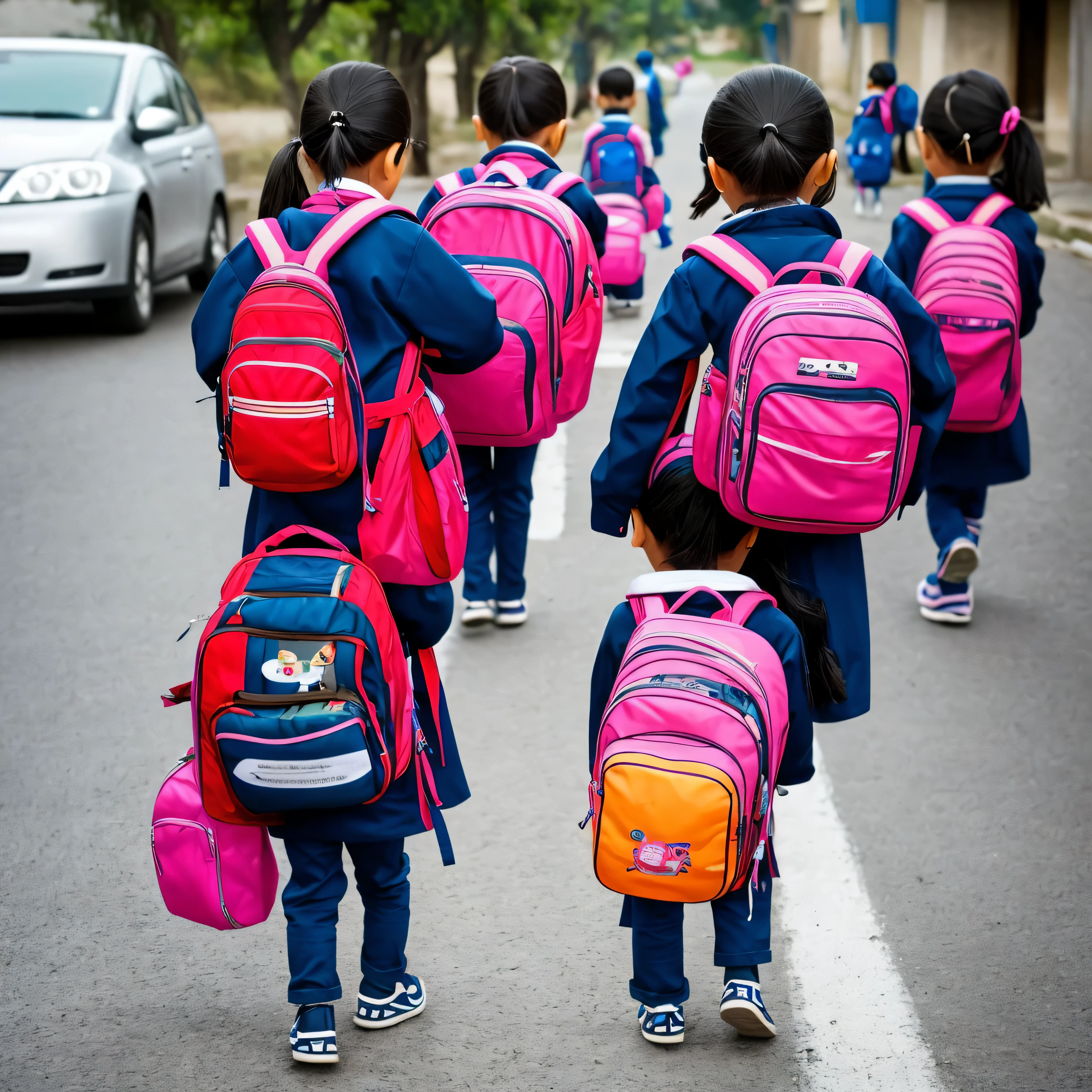 Children going to school carrying bags, 8 *********, Korean woman