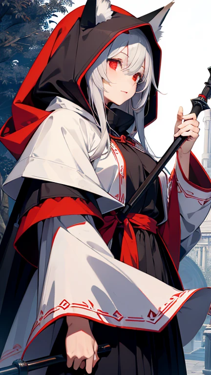 a girl,Silver hair and red eyes,With a big hood,cloak,Holding a gorgeous staff,Wearing an exquisite fox mask on his face