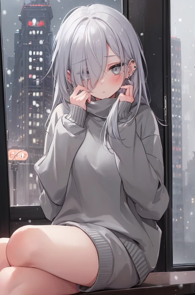 ((masterpiece:1.4, best quality:1.2)), 1girl, solo focus, beautiful skin, blush, grey sweatshirt, long white hair, grey eyes, sitting, earrings, Hands piercing, coffee shop window, night, snowing, cityscape, tall female, beautiful and delicate female, comfy ambience, {detailed background}, hair over one eye, shy, sexy, naked,
