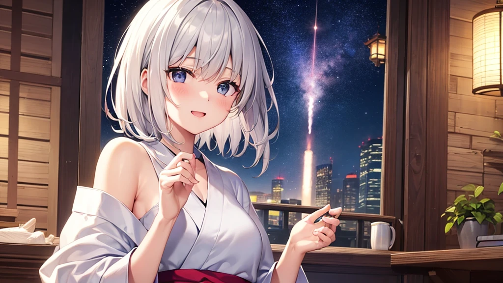 super high quality, with a girl, 20-year-old, very short hair, long bangs between the eyes, gray eyes , very detailed,(masterpiece、highest quality)、alone、gray hair、laughter、fantasy, black eye, beautiful eyes,, ecstasy, charm, be smitten with audience, fantasyな風景、white yukata、skyrocket、night、