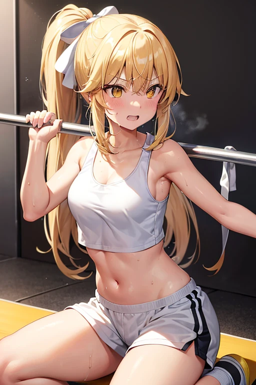 Marisa Kirisame, gym, yellow tank top, white shorts, sweat, high precision, highest quality, high image quality, pretty, cute, long blonde hair, yellow eyes, ponytail, small breasts, sweat dripping, showing teeth Laughing, training, exercise clothes, dynamism, white ribbon, holding one bar, exercise workout, sweating, carrying a barbell, grasping the bar with both hands, alone, squat