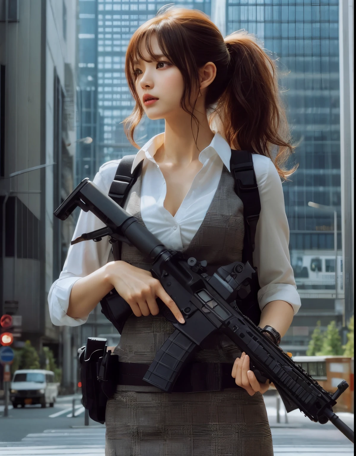 Nonsense, height, maximum detail, realistic, beautiful, sexy woman. Carrying a sniper rifle White shirt with open chest Black coach shirt with long hood Brown eyes, long hair, night time, rooftop, sniper, rain, wet, stockings, shorts, long boots.
