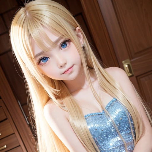 Beautiful super long straight silky hair shining dazzling golden color、bright look、blonde girl posing、long golden bangs between the eyes of the eyes,,,、fair skin with glossy skin、pink cheeks、shiny cheeks、Real Girl、(10 year old girl)、Beautiful girl in shining golden platinum blonde、Beautiful big bright blue eyes、happy smile